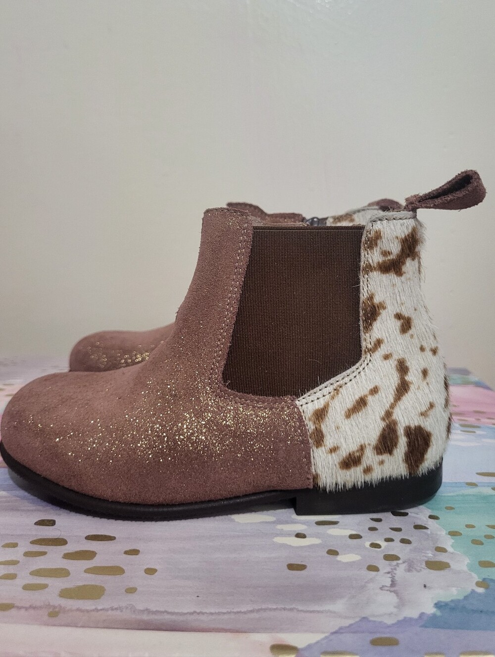 Pepe Children's Shoes Brown Glitter Chelsea Boots with Cowhide Accent Size 25